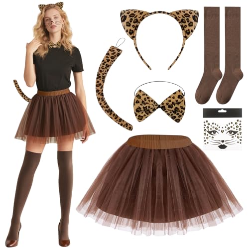 TOSZOLY Déguisement Guépard Femme, Costume Guépard Adultes Set avec Accessoires Serre-tête Thème Guépard Autocollants Visage pour Fête d’Halloween Anniversaire Carnaval Noël Cosplay