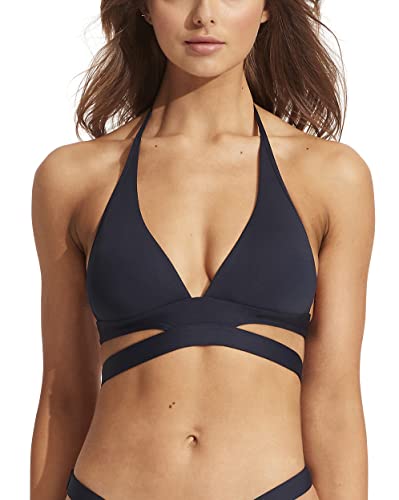 Image of Seafolly Women's Split Band Halter Bikini Top Swimsuit, Eco Collective True Navy, 10