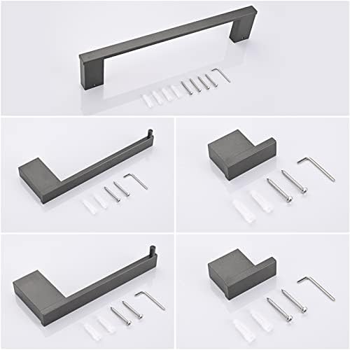 HANFU Towel Rails Bathroom Hardware Set, 5 PCS Aluminium Bathroom Accessories Set 40cm Bath Towel Bar, 2 x Toilet Paper Holders and 2 x Robe Hook, Wall Mounted Suitable for Bathroom Kitchen, Grey