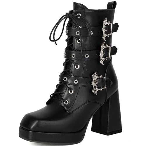 Image of MEOTINA Goth Women Platform High Heel Boots Buckle Combat Ankle Booties | Features edgy gothic steampunk rave emo sexy cosplay styling, designed with thick heel, buckle, studded ,lace up and zipper
