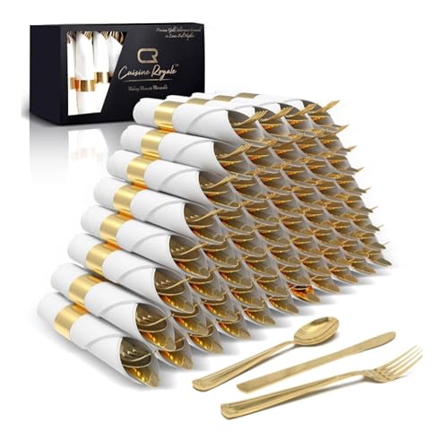 Prestee 200 Piece Gold Plastic Silverware Set for 50 Guests - Premium Pre Rolled Cutlery Set with Napkins - Elegant Disposable Silverware with Forks, Knives, and Spoons for Weddings and Thanksgiving