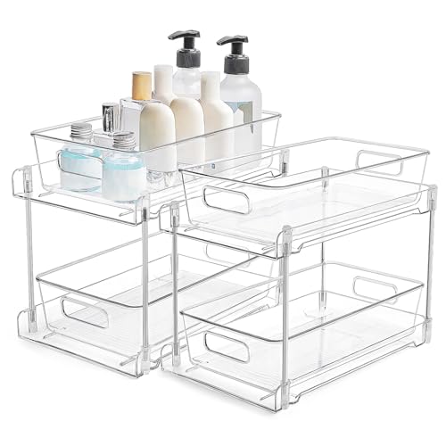 2 Pack Organizador Transparente de Plástico Bajo Fregadero de Doble Nivel con Cajones Deslizantes, Estante Removible con Bandeja, Asa y Pies Antideslizantes para Cocina, Baño y Gabinete miniatura 4