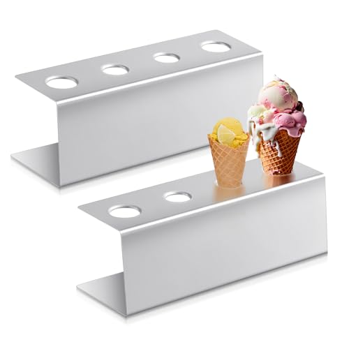 FillTouch 2 Pcs Ice Cream Cone Holder Stainless Steel Waffle Cone Holder with 4 Holes 10.6 x 3.7 x 3.5 Inches Cupcake Sugar Stand Rack Display Cotton Candy for Party Buffets DIY