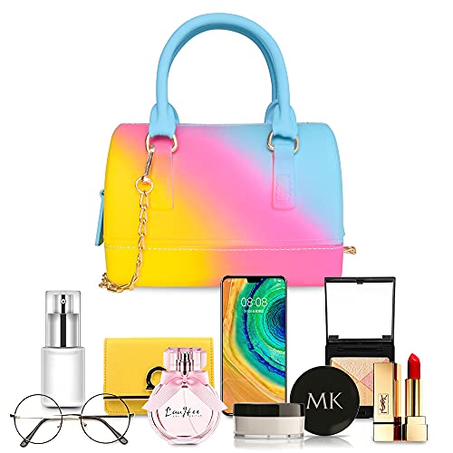 Rainbow Jelly Bag,Bright Mini Satchel Crossbody Shoulder Bag Candy Color Handbag Graffiti Purse For Women And Girls (Yellow+Red+Blue) #TOP5
