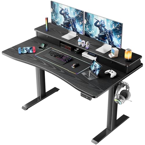 Image of Veken 47.2 inchx27.6 inch Standing Desk with Storage Drawers, Adjustable Height Computer Table with Monitor Shelf, Home Office Desk for Study, Gaming, Workstation, Black