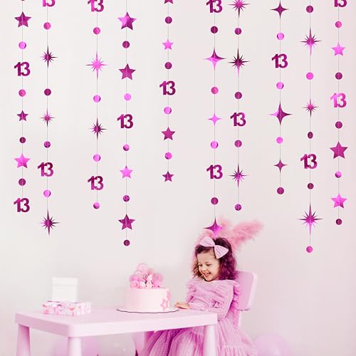 Image of Hot Pink 13th Birthday Decorations Number 13 Circle Dot Twinkle Star Garland Hanging Streamer Banner Backdrop Girls 13 Year Old Birthday Thirteen Official Teenager 13th Anniversary Party Supplies