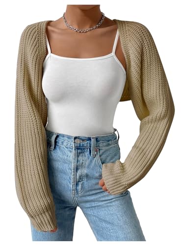 Image of GORGLITTER Women's Open Front Cardigan Sweater Trendy Dressy Cute Long Sleeve Bolero Shrug Fall Knit Short Cardigan Khaki X-Large