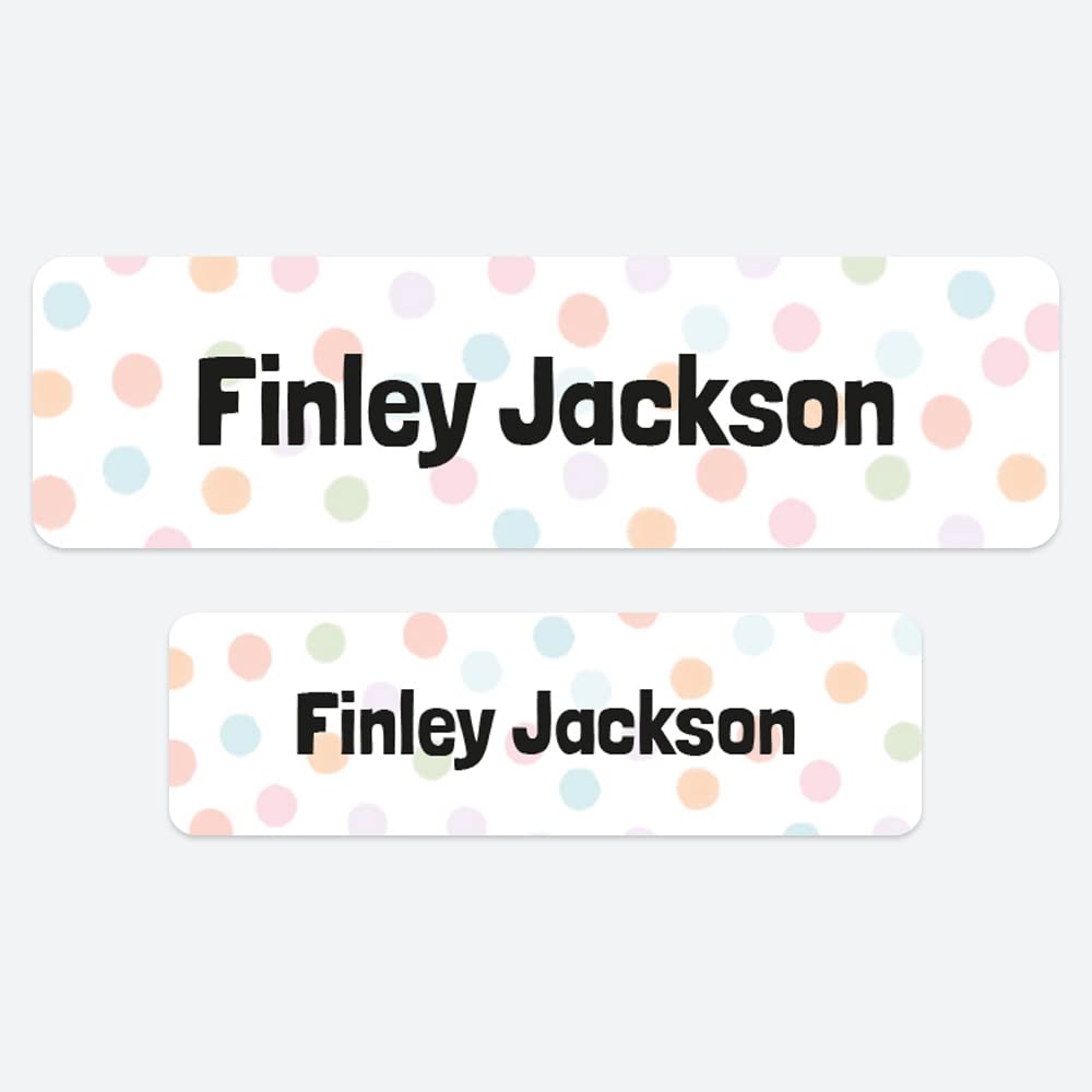 50 x No Iron Personalised Stick On Waterproof Washable Name Labels Great for Clothes, School Uniform, Equipment, Shoes. School, Nursery, Day Care, Hospital - Doodle Spots Pastels