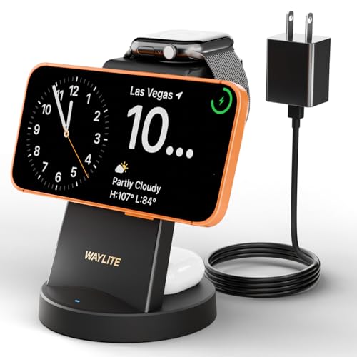Image of 3 in 1 Fast Charging Station for iPhone, 25W Wireless Magnetic Phone Charger for iPhone 17 16e 16 15 14 13 12 Serise, Watch Charger Stand, Wireless Charging Station for AirPods 4 3 Pro, Dark Black
