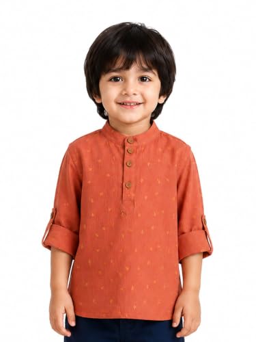Image of Kidbea Boys Cotton Mandarin Collar Shirt Long Sleeves Short Kurta for Kids