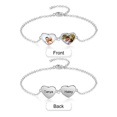 Personalized Photo Charm Bracelet for Women - Heart Locket Bracelet for Women Engraved Name Link Charm Bracelet with Simulated Birthstone Adjustable Chain for Mom BFF Girls Lovers Birthday Gift3
