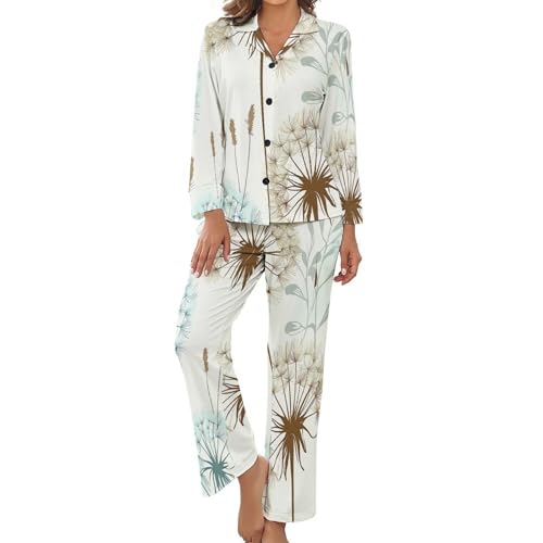 Pyjama femme 2 pièces imprimé pissenlit rétro. Ensemble chemise et pantalon fluide grande taille.