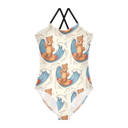 Bear Surfing on Beach Girls One-Piece Swimsuit Beach Bathing Suit