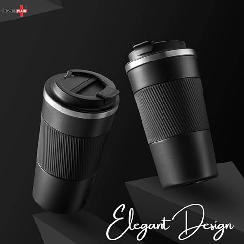 Image of Power Plus Cafe Buddy Stainless Steel Vacuum Coffee Mug with Silicon Grip | Premium Flip Top Locking Cap | Capacity 510ml | 304 Grade Steel | Coffee Mug with Lid for Home & Office (Black)