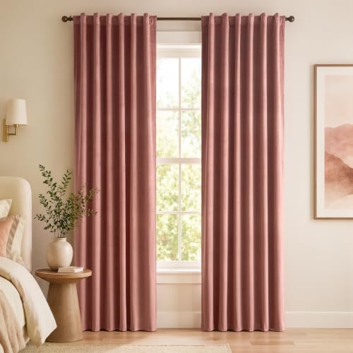 Image of Dusty Rose Velvet Curtains Privacy Soft Romantic 90 Inch 2 Panels | soft, block light, for bedroom living room, light shifting textured, luxury drape, cozy ambiance, rod pocket, back tab