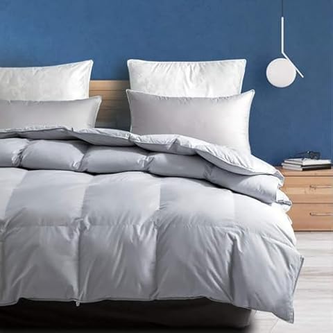 Dafinner Organic Feathers Down Comforter King Size | Duvet Insert for All-Season | 100% Cotton, Medium Warm Quilted Summer-Winter Bed Blanket (106x90, Light Grey) Cover