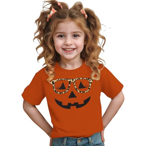 Girls Halloween T-Shirt Funny Pumpkin Face Graphic Tee Shirt Short Sleeve Cute Kids Spooky Season Fall Tops