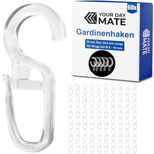 60 x Ganchos de Cortina con Ojales de 10 mm para Anillos de Cortina de hasta 10 mm, Transparente, para Barandillas de Cortina y Barras de Cortina, Accesorios de Cortina, Ganchos Cortina, Ganchos Clip