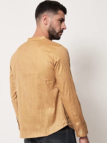 Image of Vastraa Fusion Men's Handloom Weaving Pure Cotton Short Kurta, Round Collar, Full Sleeves,Button Kurta, Ethnic Wear