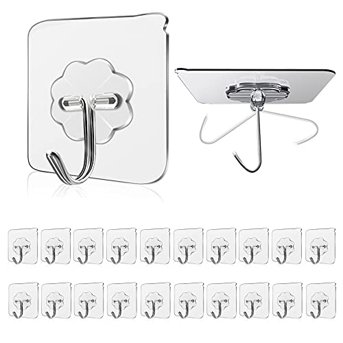 WOVU Wall Hooks 15Kg(Max) Transparent Seamless for Hanging,Waterproof Oilproof Bathroom Kitchen Heavy Duty Adhesive Hooks,Coat Hooks, Utility Towel Bath Sticky Hooks(20Pack)