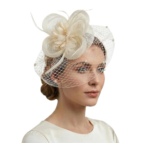 YANFALE Fascinators for Women Wedding Hair Accessories Fascinator Headband Clip with Feather Flower Mesh for Ladies Race Royal Ascot Cocktail Tea Party Headwear (Cream)