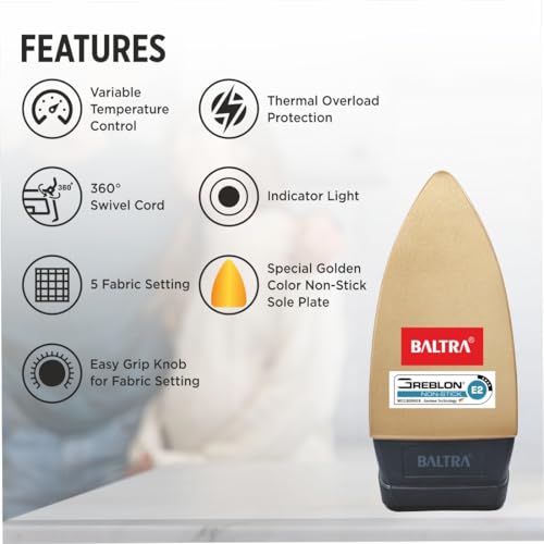 Image of BALTRA BTI-172 Sleek Dry Iron for Clothes 1000W Press, Greblon Non Stick Golden Soleplate with German Technology | Shock Proof Body | Wrinkle Free Clothes in One Shot | 2 Years Replacement Warranty
