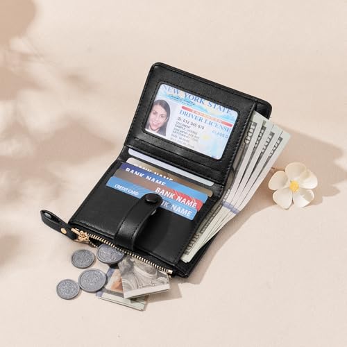 Image of Small Wallet for Women Leather Card Holder Bifold Ladies Wallets with Zipper Change Pocket ID Window