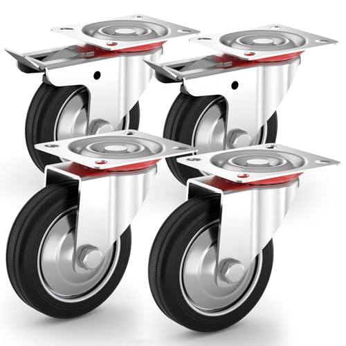 Schwerlastrollen Transportrollen Set Lenkrollen mit Bremse 75mm Laufrollen bis 50 KG pro Rolle 360° Grad drehbar schwarz Industrierollen für Werkbank Werkzeugwagen Paletten Möbelrollen Gummi