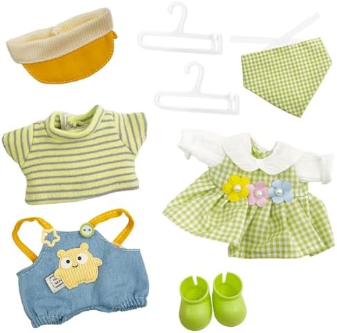 17cm Doll Clothes, 8 Pieces Green Plaid Clothes with Shoes, 2 Sets of Accessories for Plush Doll, Boy and Girl (No Doll)