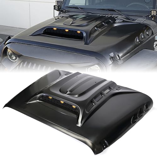 Xprite Replacement Hood with 3 LED DRLs & 13 Functional Air Vents Unpainted Alloy Steel Heat Dispersion Hoods for 2007-2018 Jeep Wrangler JK JKU Unlimited 2/4-Door - Piranha Series