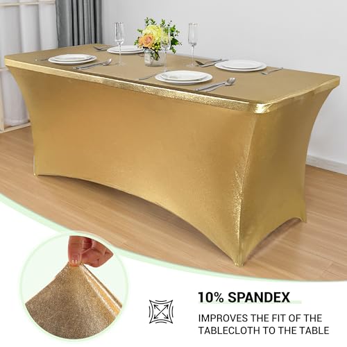 Image of Obstal 6ft Stretch Spandex Table Cover for Standard Folding Tables - Universal Rectangular Fitted Tablecloth Protector for Wedding, Banquet and Party, 72L x 30W x 30H Inches, Stamping Gold, 2pc