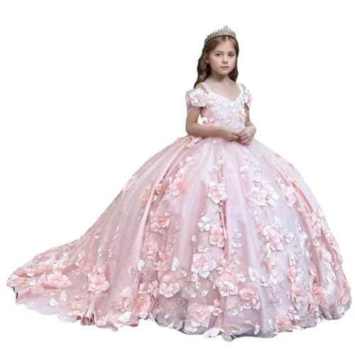 Tulle Flower Girl Dress for Wedding 3D Floral Pageant Dress with Train Princess Ball Gown for Girls First Communion4