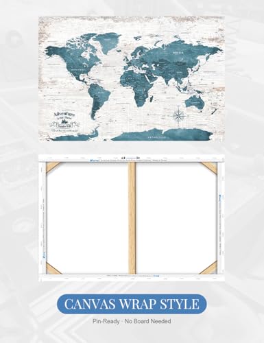 Image of IPIC - Large Vintage Teal World Map Canvas Wall Art, Push Pin World Map to Track Your Travels, Rustic Style Wall Decor for Home, Office, Living Room or RV, Ready to Hang, Made in USA
