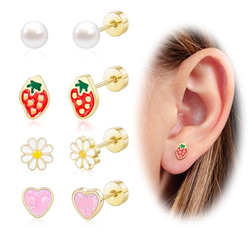 Hypoallergenic Earrings for Girls, Cute Toddler Earrings Kids Baby Flatback Screw Back Earrings 14k Real Gold Plated Small Pearl Flower Pink Heart Strawberry Surgical Steel Stud Earrings Set (Gold)