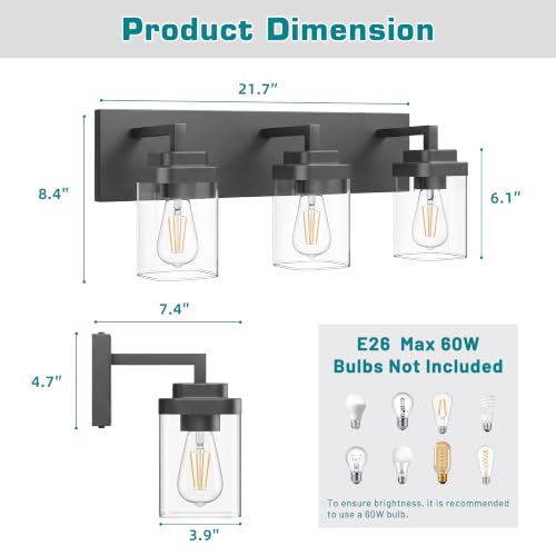 Image of Bathroom Vanity Light, 3 Lights Morden Bathroom Lighting Fixtures Over Mirror, Black Bathroom Light Fixtures for Bathroom
