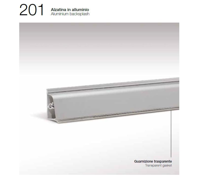 Alzatina per Piani da Cucina in PVC rivestita in alluminio , spalletta per Top con la seguente Misura = 240 cm Compresa di 1 Tappo SX, 1 Tappo DX, 1 Angolo SX, 1 Angolo DX, Colore Alluminio Spazzolato