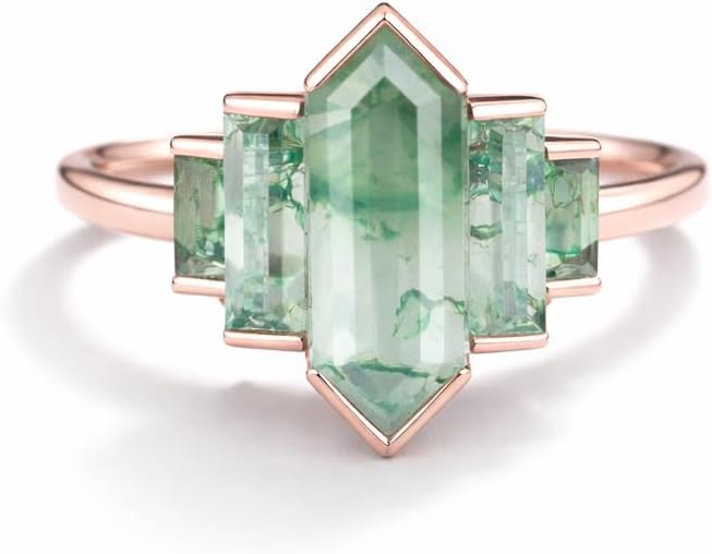 Natural Vintage Long Hexagon Cut Moss Agate Ring Unique Yellow Gold Band Moss Agate Art Deco Baguette Bridal Promise Ring, Bezel Set Party Wear Gift For Love