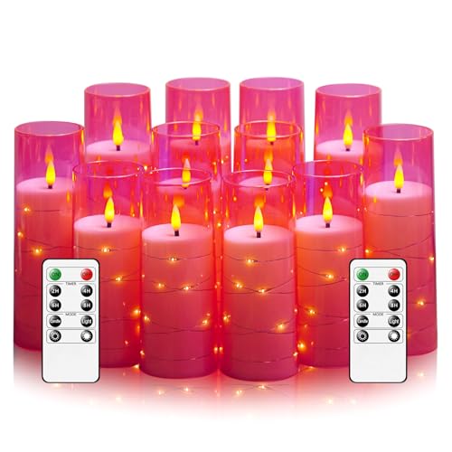 Image of Sasigeiaa Flameless Candles with Embedded Star String - Battery Operated LED Candles, with Remote,12 Pink Flickering Candles for Christmas, Weddings, Home Decor & Party,(D 2.3 inchxH 5 inch 6 inch 7 inch)
