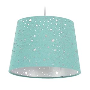 Relaxdays Kinderzimmerlampe Sterne, hängende Schirmlampe, Jungen & Mädchen, Sternenhimmel, E27, runder Stoffschirm, Mint