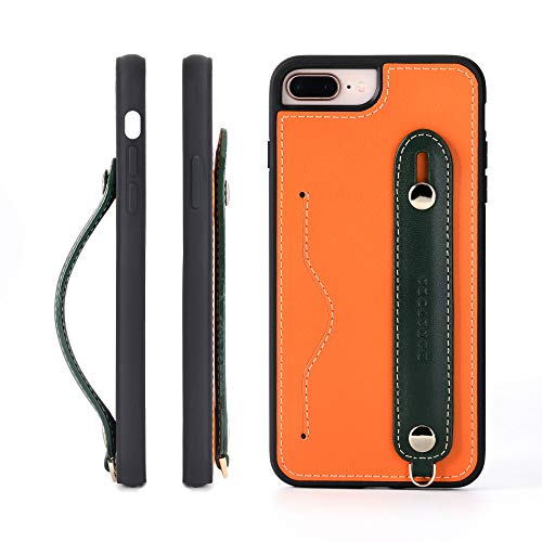 HANATORA iPhone 8Plus/7Plus グリップケース レザー 本革 ストラップ付属 イタリア製牛革 ヌメ革 片手操作 カード収納 スタンド機能 メンズ レディース オレンジ/グリーン CGH-8Plus-Orange-GN