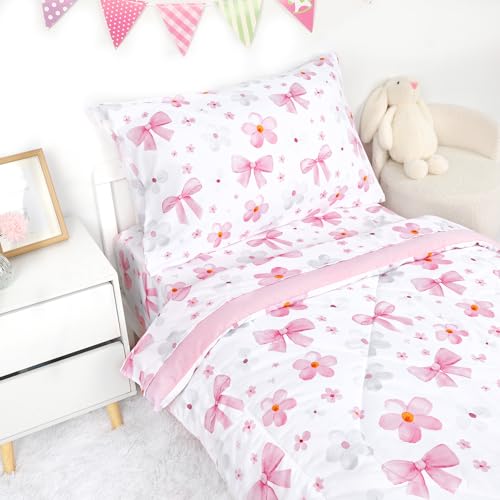 Image of Hooyax Toddler Bedding Set for Girls - 4 Piece Bow Toddler Comforter Set Includes Fitted Sheet, Comforter, Pillowcase & Flat Sheet - Soft Comfort Microfiber for All Seasons