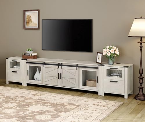 Image of WAMPAT TV Stand Set with Charging Station for 85 inch TV, Antique White