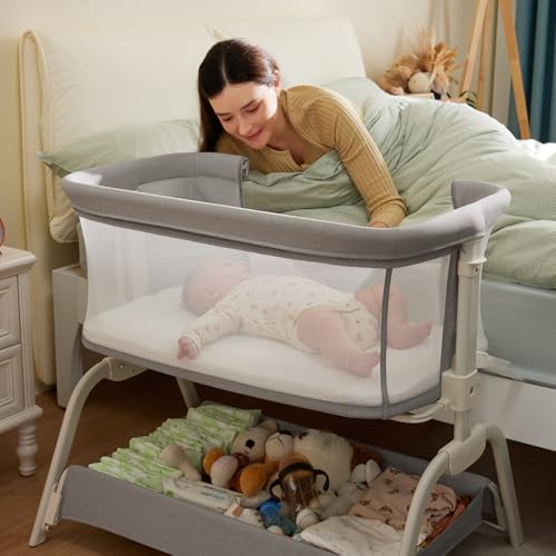 Image of HARPPA Cuddly Bassinet, 2 in 1 Baby Bassinet with Breathable Mesh and Mattress, 6 Height Adjustable, Bedside Sleeper with Anchor Strap, Storage Basket and Wheels