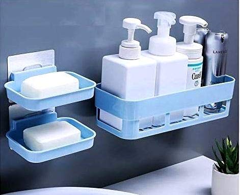 HILLWILL ABS Plastic Multipurpose Kitchen Bathroom Corner Shelf and 2 Soap Dish with Extra Stickers( Random Colour) -3 Pieces Combo