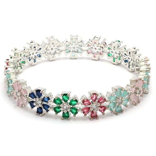 Image of ZENEME Rhodium Plated Silver Toned Floral Shaped American Diamond Studded Bangles Set Of 2 For Women & Girls