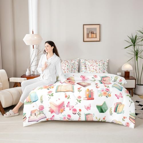 Image of Cartoon Books King Bedding Sets with Comforter,Flat & Fitted Sheet,Pillowcases,Pillow Covers 7 Pcs Garden Floral Fairy Tale Dreamy Comforter Set Watercolor Rose Pink Butterfly Bedroom Dorm