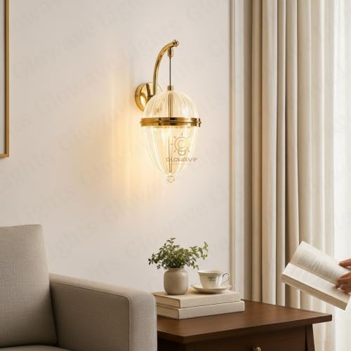 Image of Glowave Modern Gold Ribbed Oval Acrylic Shade Wall Light with Crystal Accent for Bedroom, Living Room, Bedside, Hallway & Hotel - Tricolour (White, Warm White, Natural White) (T212 /1W)