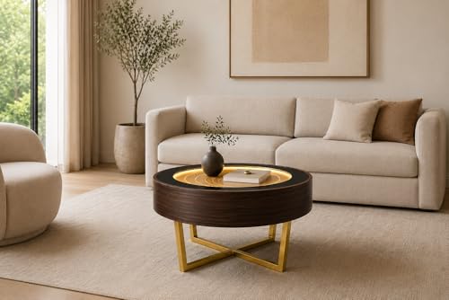 Image of ArtScape Coffee Table Smart Furniture Luxury | Living Room, Bedroom, Office| Walnut Finish | Engineered Wood with Metal Frame and Silica Sand | 67 cm Diameter
