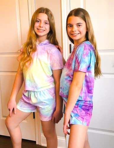 Image of Girls Summer Outfits Kids Hooded-Shirts Elastic Waist Shorts with Pockets | short sleeve drop shoulder hooded shirt and shorts with two pockets tie dye leopard letter print