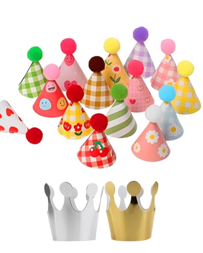JUKOTA Conjunto de 17 gorros de festa, gorros de aniversário com pompom, gorros infantis, gorros de festa em forma de cone, tamanho único